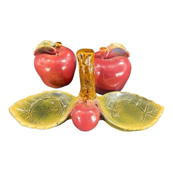 Whimsical Apple Fruit Salt And Pepper Shaker Set On Tree Stand Ceramic Set 2 - Picture 10 of 16